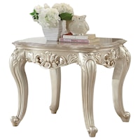 Traditional Square Antique White End Table with Marble Top