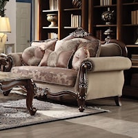 Traditional Loveseat with Rolled Arms and Arched Wood Trim