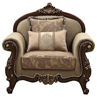 Traditional Upholstered Chair with Rolled Arms and Arched Wood Trim