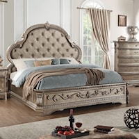 Traditional Tufted King Bed with Faux Leather Headboard
