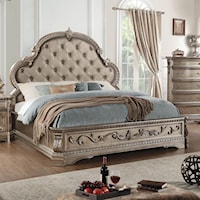 Traditional Tufted Queen Bed with Faux Leather Headboard