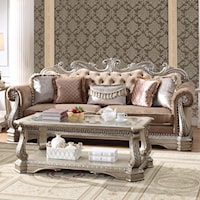 Traditional Tufted Velvet Sofa with 5 Pillows and Carved Wood Detail