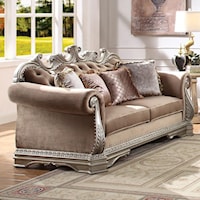 Traditional Tufted Velvet Loveseat with 4 Pillows and Carved Wood Detail