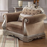 Traditional Tufted Velvet Chair with Kidney Pillow and Carved Wood Detail