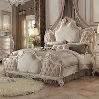 Traditional King Upholstered Bed with Tufting and Contrast Fabric Panels