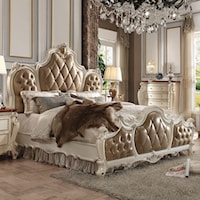 Traditional Faux Leather California King Bed with Ornate Carvings