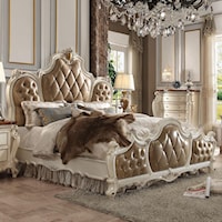 Traditional Faux Leather King Bed with Ornate Carvings
