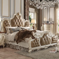 Traditional Faux Leather Queen Bed with Ornate Carvings