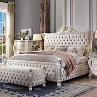Traditional Fully Tufted California King Bed with Ornate Carvings