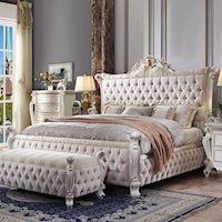Traditional Fully Tufted King Bed with Ornate Carvings