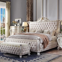 Traditional Fully Tufted Queen Bed with Ornate Carvings