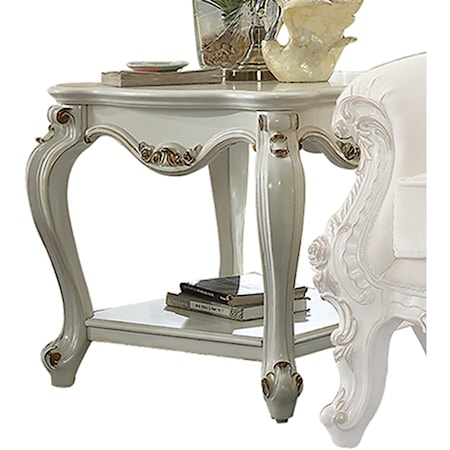 Traditional Square End Table with Ornate Carvings and 1 Shelf