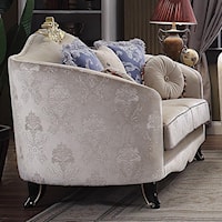 Traditional French Style Loveseat with Carved Wood Detail and Pillows