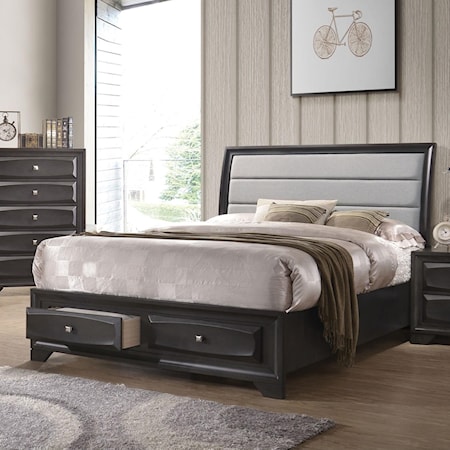 Transitional King Upholstered Bed with Channeled Headboard and 2 Drawers