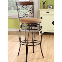 Traditional Swivel Bar Chair with Scroll Back and Wood Trim