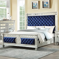 Glam Tufted California King Bed with Mirror Trim and Blue Velvet Upholstery