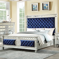 Glam Tufted Queen Bed with Mirror Trim and Blue Velvet Upholstery