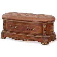 Lift-Lid Bedside Bench with Tufted Leather-Upholstered Top & Ornate Carving Details