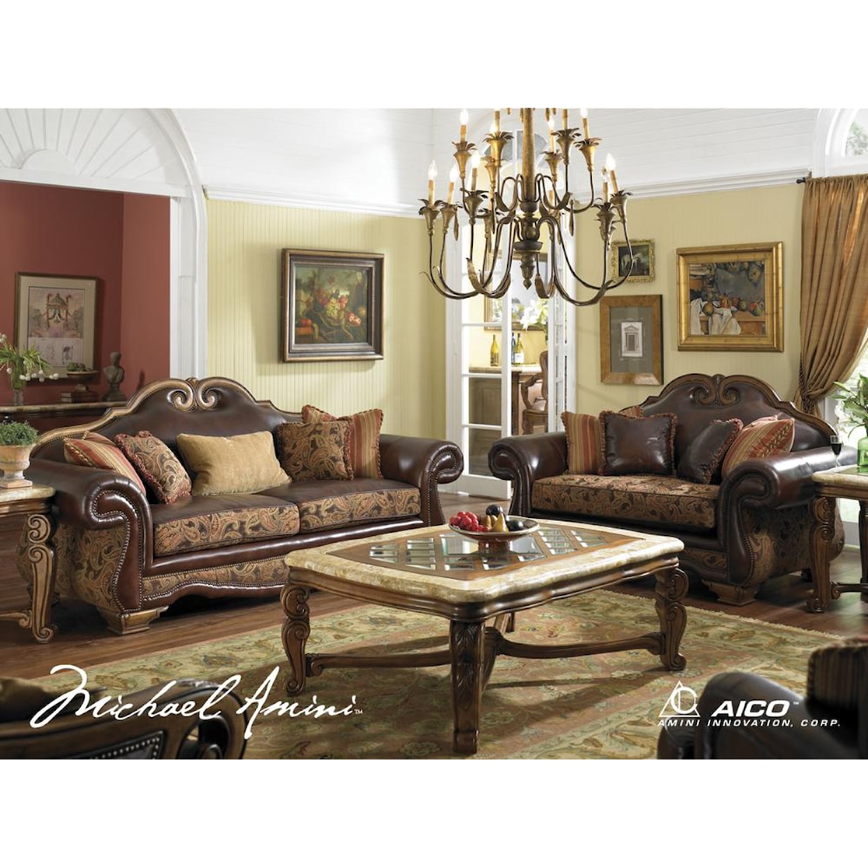 Michael Amini Tuscano Melange Leather/Fabric High Back Sofa