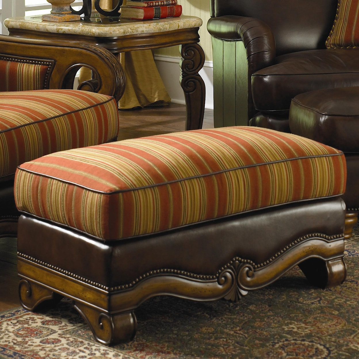 Michael Amini Tuscano Melange Wood Trim Leather/ Fabric Ottoman