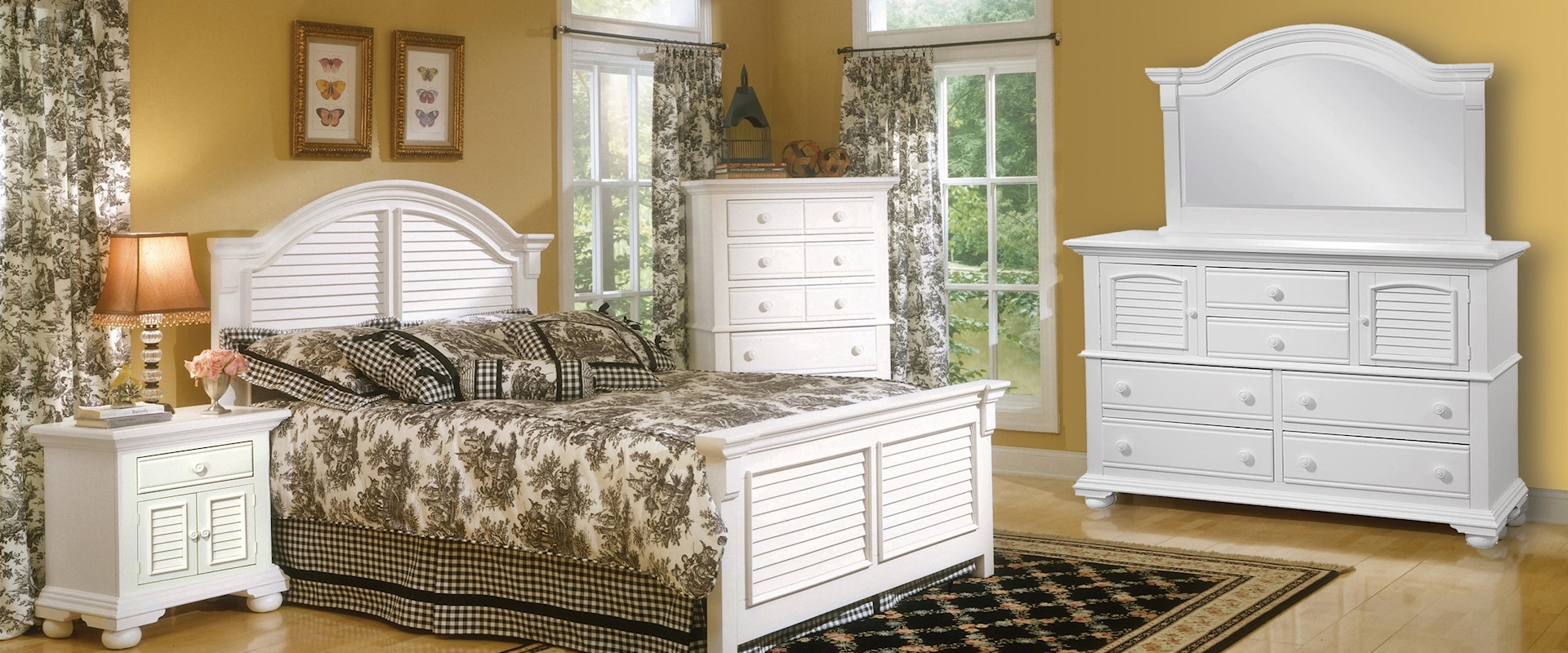 Queen Panel Bed, Nightstand, High Dresser, Mirror