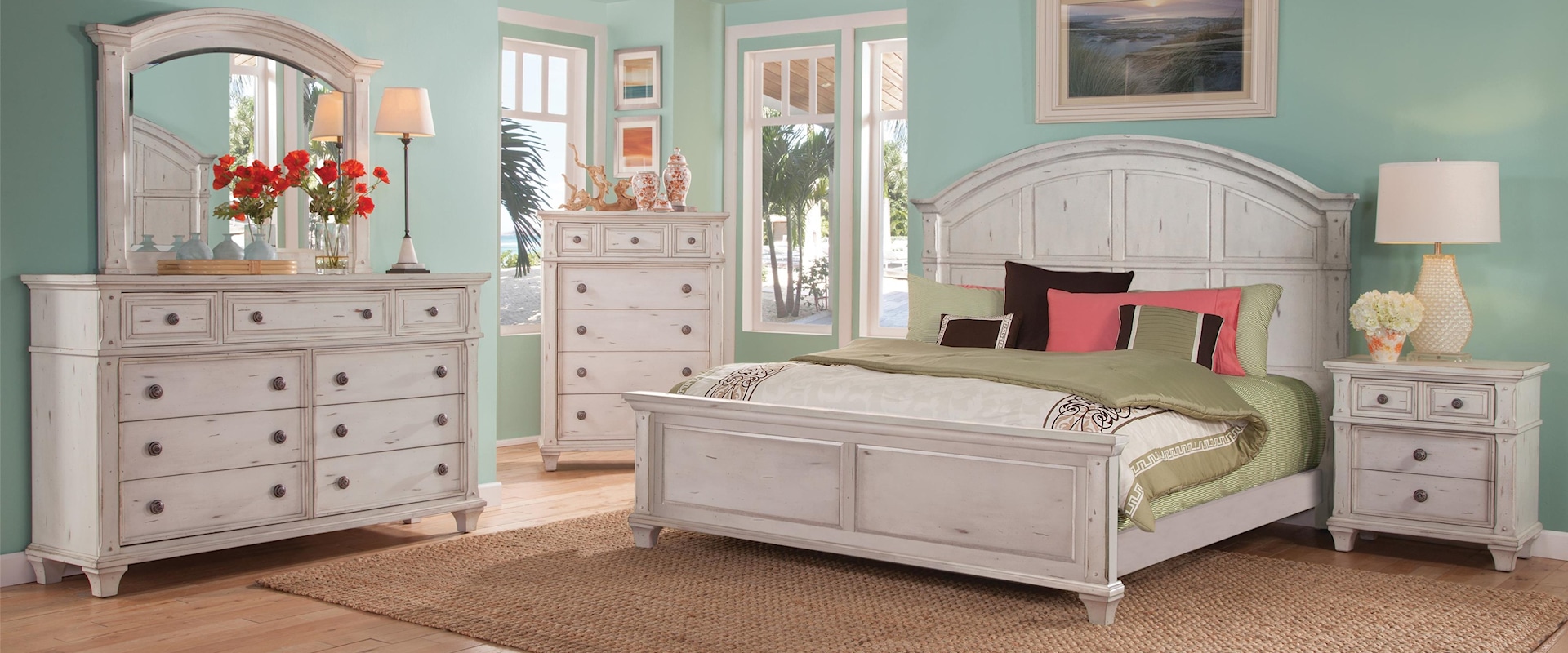 King Panel Bed, Dresser, Mirror, Nightstand in Cobblestone White Finish