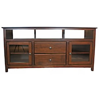 62 Inch TV Console with Sound Bar Opening Finished in Brown Mahogany and Antique Bronze Hardware
