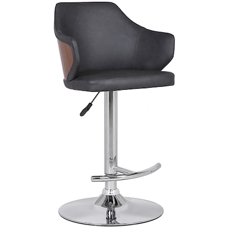 Mid-Century Adjustable Barstool in Chrome Finish with Grey Faux Leather and Walnut Wood Finish Back