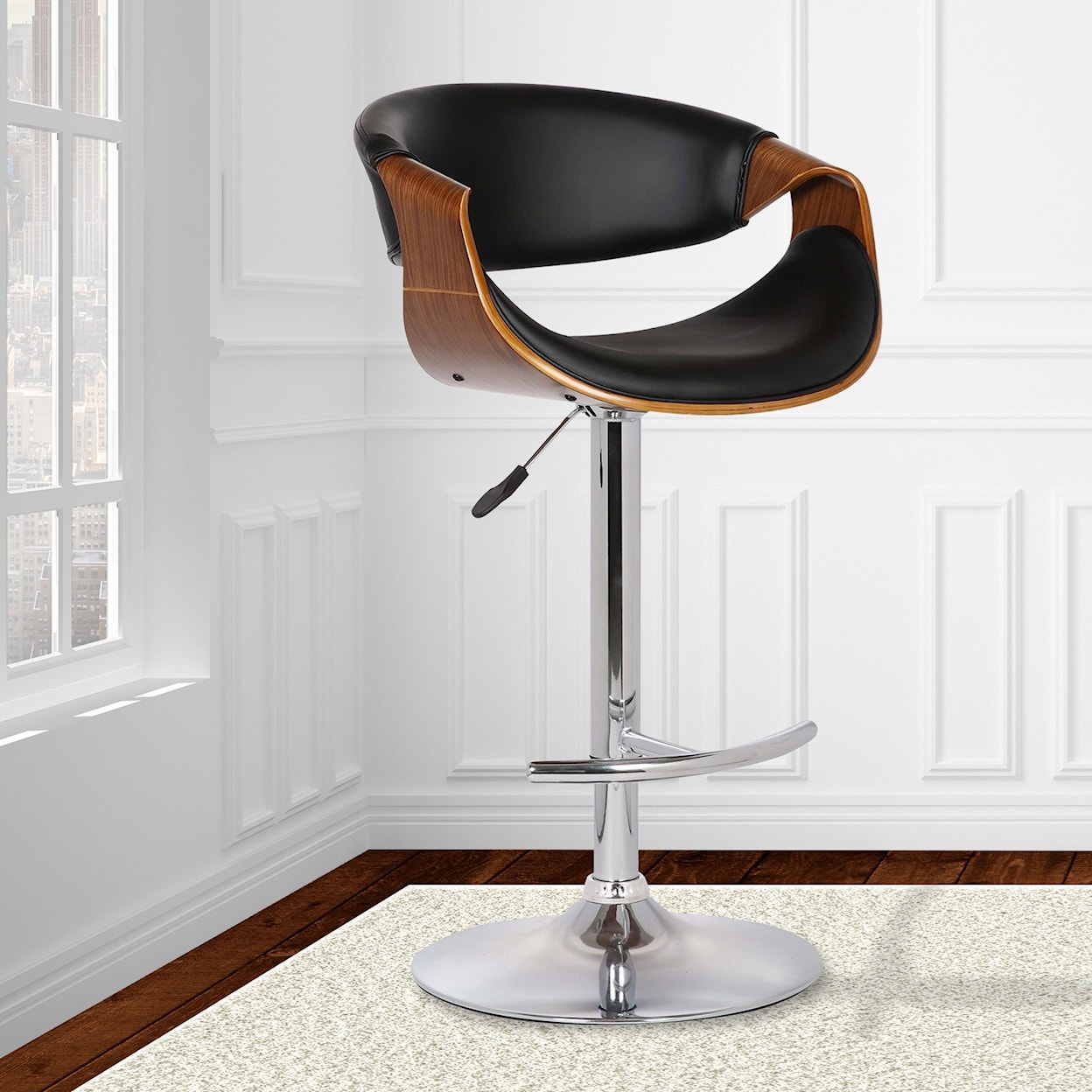 Armen Living Butterfly Adj. Swivel Barstool in Black Faux Leather