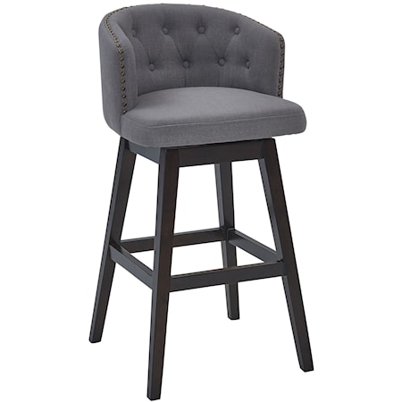 26" Counter Height Wood Swivel Tufted Barstool in Espresso Finish with Grey Fabric