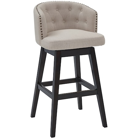 30" Bar Height Wood Swivel Tufted Barstool in Espresso Finish with Tan Fabric