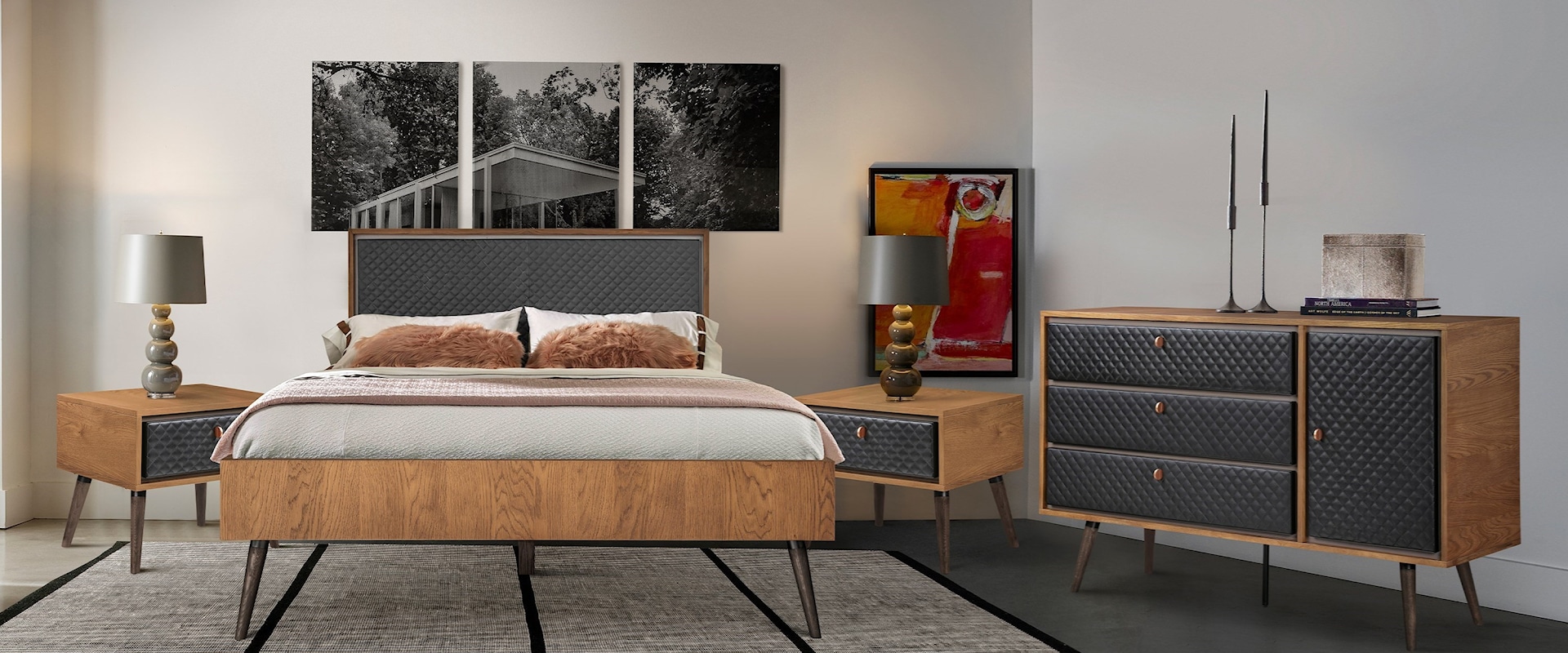 Rustic 4-Piece Upholstered Platform Bedroom Set in Queen with Dresser and 2 Nightstands 
