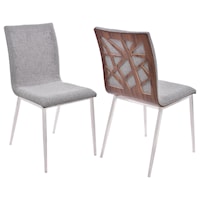 Dining Chair in Brushed Stainless Steel Finish with Grey Fabric and Walnut Back - Set of 2