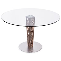 Round Dining Table in Brushed Stainless Steel Finish with Walnut Veneer Column and 48" Glass Top
