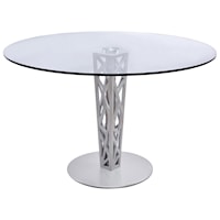 48" Round Dining Table in Gray Walnut Veneer Column and Brushed Stainless Steel Finish with Clear Tempered Glass Top