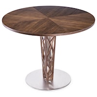 48" Round Dining Table in Walnut Veneer Column and Brushed Stainless Steel Finish with Walnut Veneer Wood Top