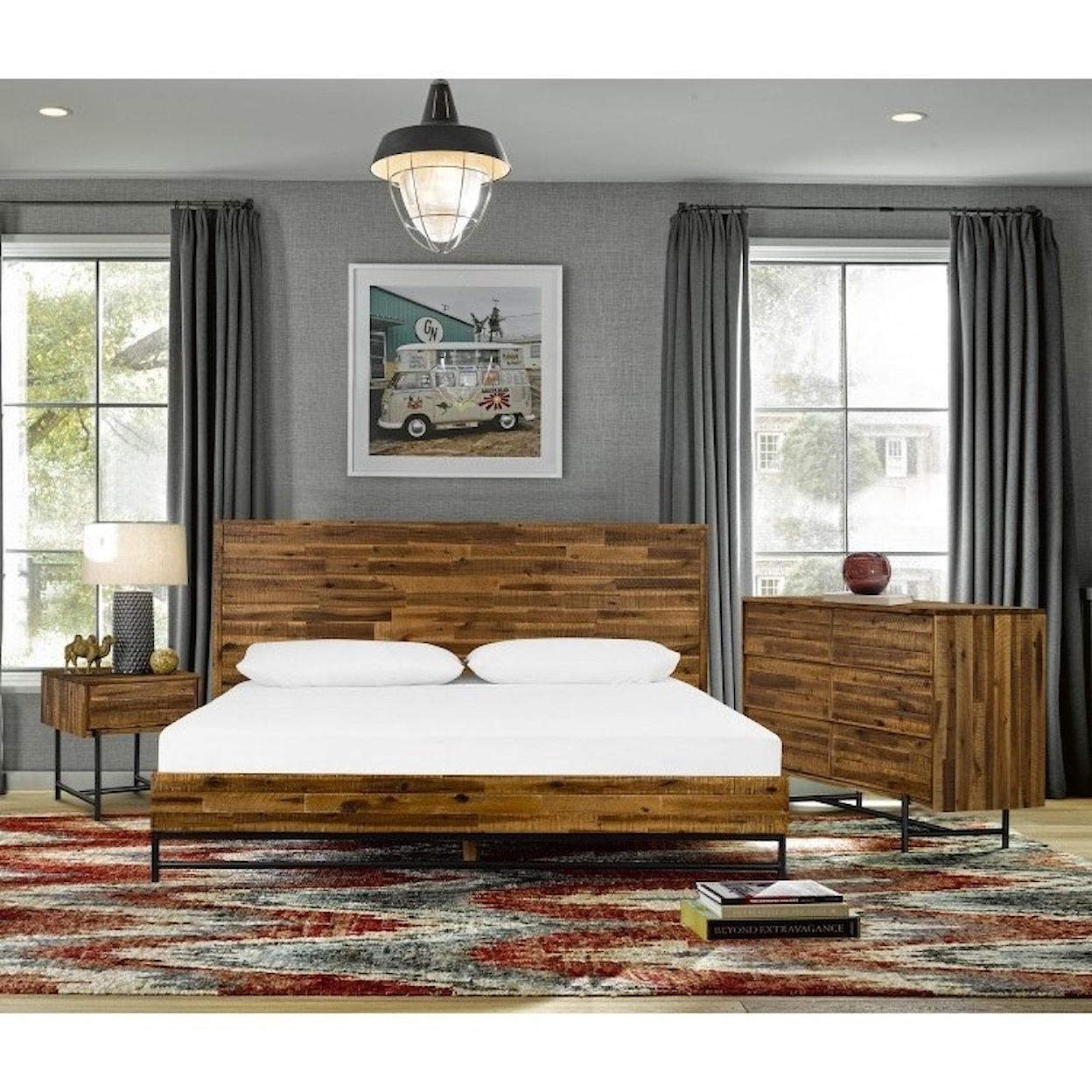 Armen Living Cusco 3 Piece Acacia Queen Bed and Nightstands Set