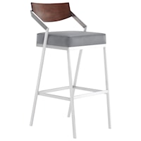 Mid-Century 26" Bar Height Barstool in Brushed Stainless Steel with Grey Faux Leather and Walnut Wood Finish Back