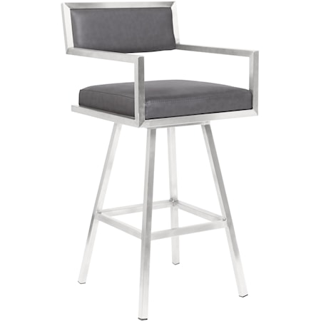 30" Bar Height Barstool in Brushed Stainless Steel with Vintage Grey Faux Leather