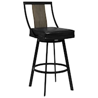 30" Bar Height Barstool in Matte Black Finish with Vintage Black Faux Leather and Grey Walnut
