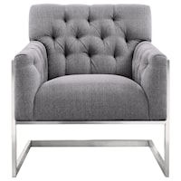 Contemporary Tufted Accent Chair with Grey Fabric and Stainless Steel Legs