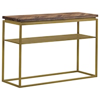 Rustic Brown Wood Console Table with Shelf and Antique Brass Metal Base