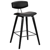 26" Mid-Century Counter Height Barstool in Black Faux Leather with Black Brushed Wood