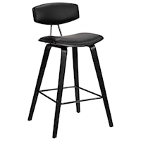 30" Mid-Century Bar Height Barstool in Black Faux Leather with Black Brushed Wood