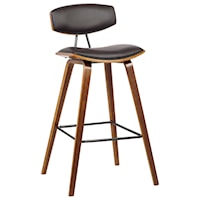 30" Mid-Century Bar Height Barstool in Brown Faux Leather with Walnut Wood