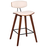 26" Mid-Century Counter Height Barstool in Cream Faux Leather with Walnut Wood
