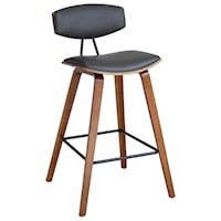 26" Mid-Century Counter Height Barstool in Gray Faux Leather with Walnut Wood