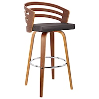 30" Mid-Century Swivel Bar Height Barstool in Brown Faux Leather with Walnut Veneer