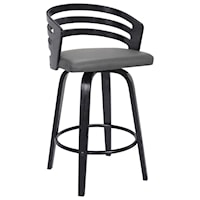 Contemporary 30" Bar Height Swivel Barstool in Black Brush Wood Finish with Grey Faux Leather