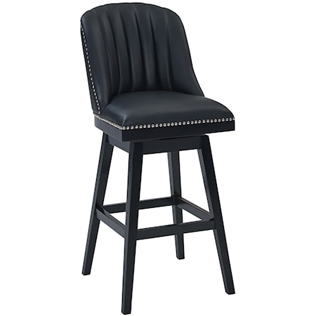 30" Bar Height Wood Swivel Barstool in Black Wood Finish with Black Faux Leather and Nailhead Trim